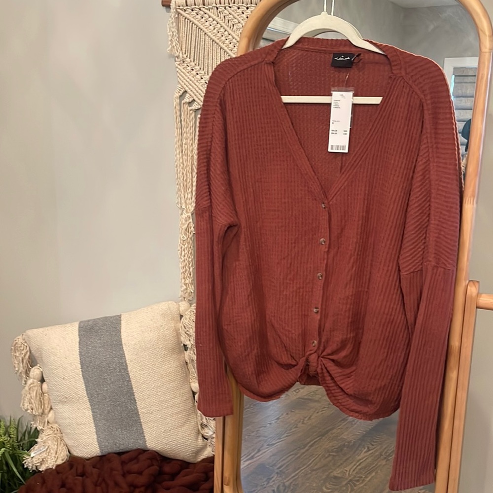 Urban Outfitters Rust Waffle Knit Long Sleeve Tie Front Top